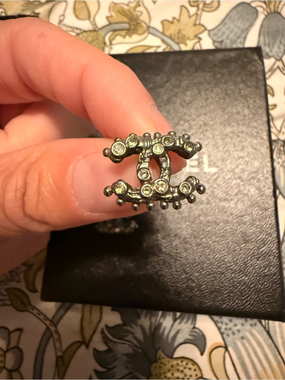 CHANEL Crystal-Studded Double C Brooch - Silver Tone